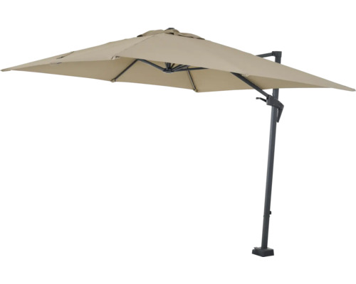 Parasol déporté avec un abat-jour rectangulaire et un pied stable.