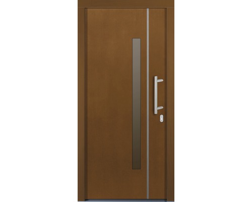 Porte d''entrée avec poignée, fenêtre étroite et fine moulure décorative