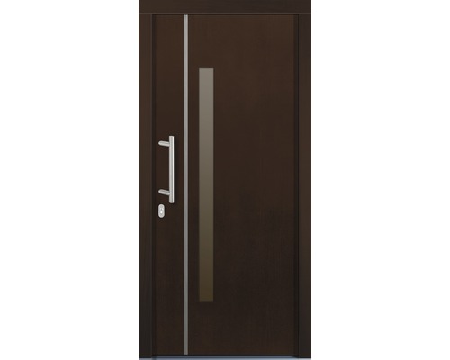 Porte d''entrée marron avec poignée et insert en verre