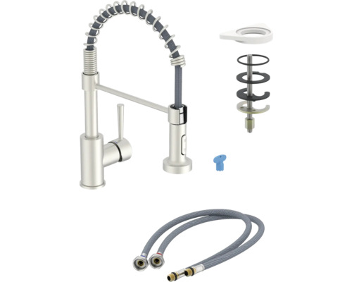 Küchenarmatur mit Spiralfeder, Brauseschlauch und Montagezubehör