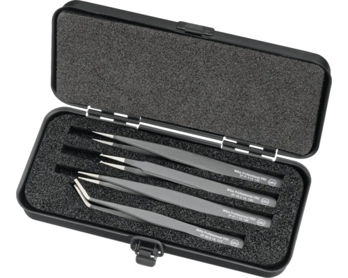 Ensemble de pinces à épiler Wiha dans une boîte de rangement avec quatre pinces à épiler différentes