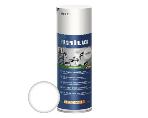 Peinture aérosol PU Maston RAL9010 blanc mat satiné 400 ml Laque PU en aérosol dans une bombe avec un échantillon de couleur et le logo Hornbach