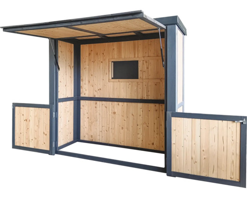 Verkaufsstand aus Holz mit Fenster und ausklappbarem Dach
