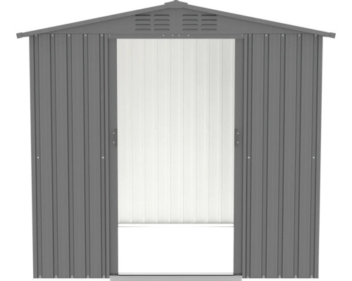 Abri de jardin en métal avec porte ouverte