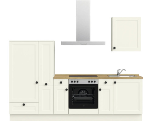 Cuisine avec évier, cuisinière, four, hotte aspirante et armoire suspendue