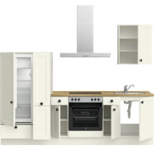 Küchenzeile mit Kühlschrank, Kochfeld, Backofen, Dunstabzugshaube, Spüle und Hängeschrank