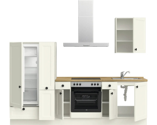 Cuisine équipée avec réfrigérateur, plaque de cuisson, four, hotte aspirante, évier et éléments hauts