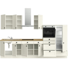 Komplette Kücheneinrichtung mit Spüle, Kochfeld, Dunstabzugshaube, Backofen, Kühlschrank und Schränken