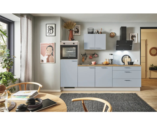 PICCANTE Plus Küchenzeile mit Geräten Marlena 280 cm pastellblau matt vormontiert Variante links