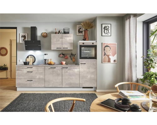 PICCANTE Plus Küchenzeile mit Geräten Casual 250 cm beton perlgrau matt montiert Variante rechts