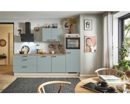 PICCANTE Plus Küchenzeile mit Geräten Marlena 250 cm fjördgrün matt montiert Variante rechts