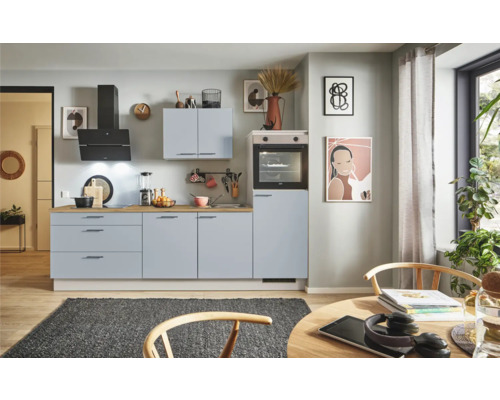 PICCANTE Plus Küchenzeile mit Geräten Marlena 250 cm pastellblau matt montiert Variante rechts