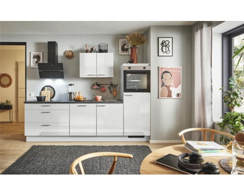 PICCANTE Plus Küchenzeile mit Geräten Pearl 280 cm steingrau hochglanz montiert Variante rechts