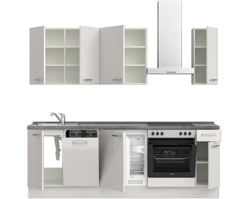 Küchenzeile mit Spüle, Geschirrspüler, Kühlschrank, Backofen und Dunstabzugshaube