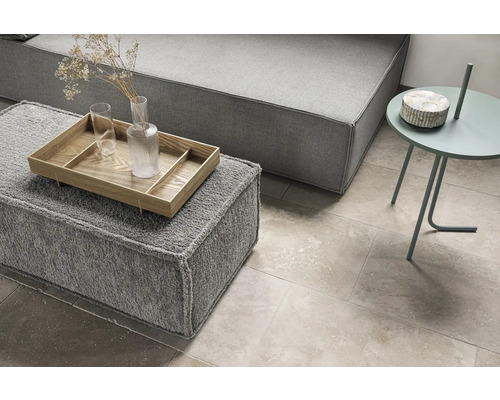 Salon avec canapé gris, tabouret avec plateau et table d''appoint