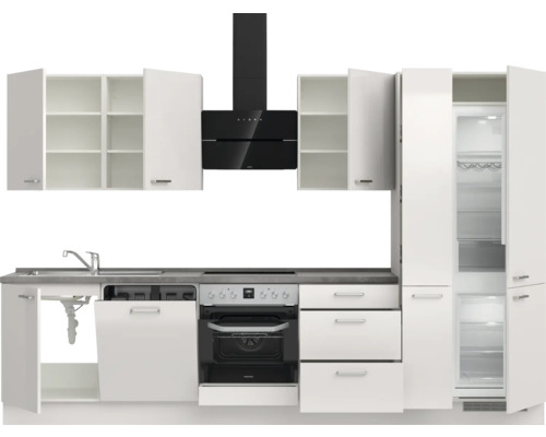 Komplette Küche mit Spüle, Geschirrspüler, Backofen, Kühlschrank, Dunstabzugshaube und Hängeschränken