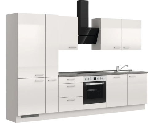 Cuisine complète avec évier, plaque de cuisson, four et hotte aspirante.