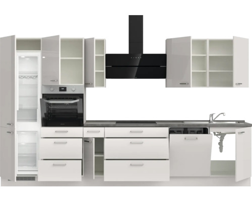 Cuisine équipée avec appareils intégrés : réfrigérateur, four, hotte aspirante et lave-vaisselle