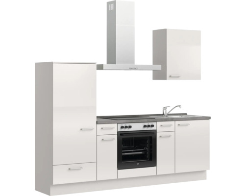 Einzeilige Küchenzeile mit Spüle, Herd, Backofen, Dunstabzugshaube und Hängeschrank