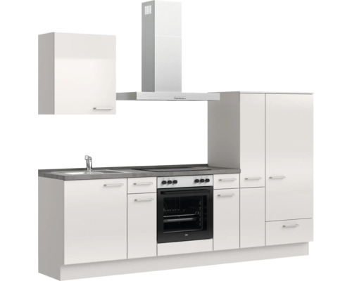 Küchenzeile mit Spüle, Kochfeld, Backofen, Dunstabzugshaube und Hochschrank