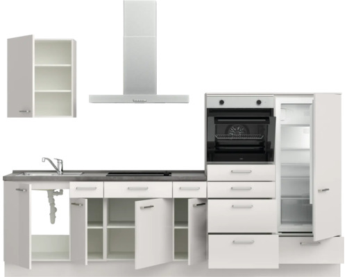 Komplette Küche mit Spüle, Kochfeld, Dunstabzugshaube, Backofen und Kühlschrank