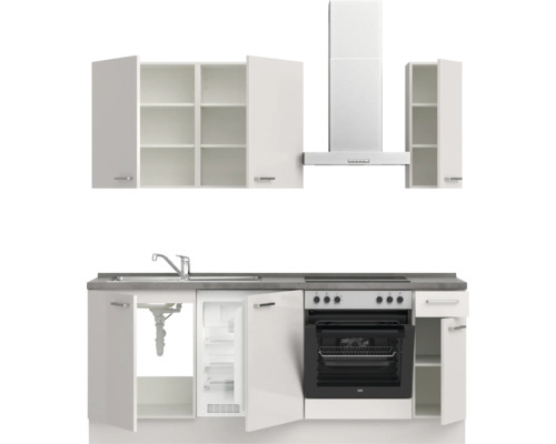 Cuisine équipée avec évier, réfrigérateur, cuisinière, hotte aspirante et éléments hauts