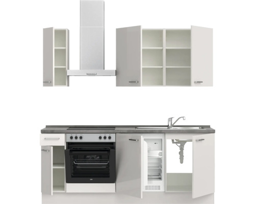 Küchenzeile mit Spüle, Kühlschrank, Herd, Backofen, Dunstabzugshaube und Hängeschränken