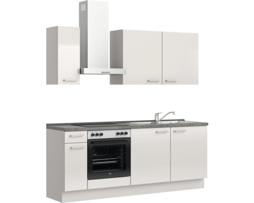 Komplette Küchenzeile mit Hängeschränken, Dunstabzugshaube, Spüle und Elektroherd