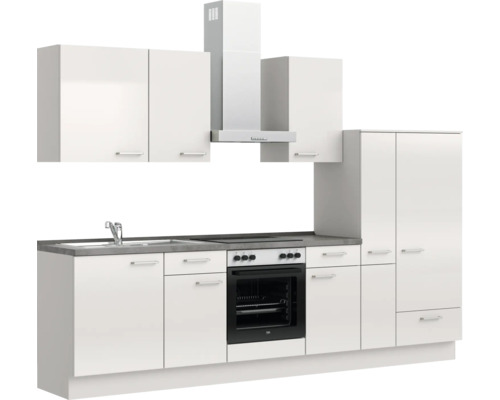 Komplette Küchenzeile mit Spüle, Kochfeld, Backofen, Dunstabzugshaube und Schränken