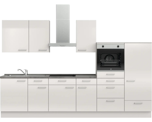 Cuisine complète avec évier, cuisinière, hotte et four