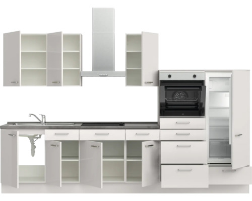 Cuisine complète avec évier, cuisinière, hotte aspirante, four et réfrigérateur