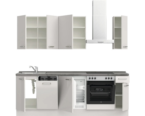 Komplette Küchenzeile mit Spüle, Geschirrspüler, Kühlschrank, Herd, Backofen und Dunstabzugshaube sowie Ober- und Unterschränken.