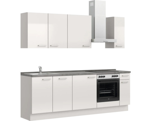 Küchenzeile mit Spüle, Kochfeld, Backofen, Dunstabzugshaube und Hängeschränken