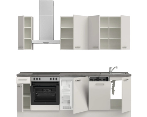 Cuisine avec éléments hauts et bas, hotte aspirante, évier, cuisinière, four et réfrigérateur.