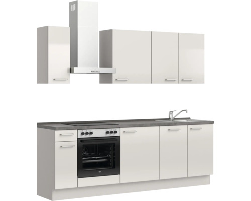 Cuisine équipée avec meubles hauts, hotte aspirante, évier et cuisinière