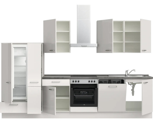 Cuisine complète avec réfrigérateur-congélateur, évier, cuisinière et hotte aspirante.