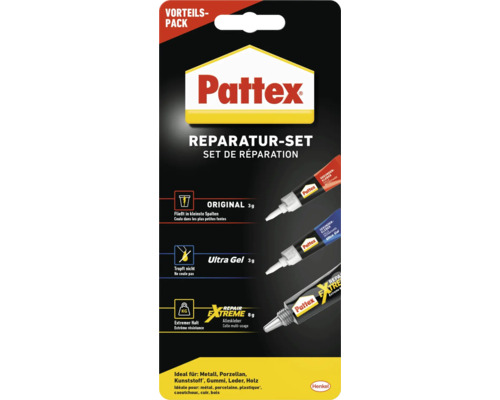 Pattex Reparaturset Sekundenkleber 2x 3 g und 1x 8 g Pattex Reparaturset mit drei Klebstoffen für verschiedene Materialien