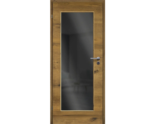 Porte d'intérieur chêne bronze placage transversal 61x198,5 tirant gauche MODERN 08 verre gris foncé Porte en bois avec insert en verre et poignée de porte