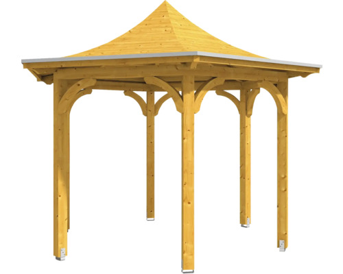 Holzpavillon mit quadratischem Grundriss und spitzem Dach