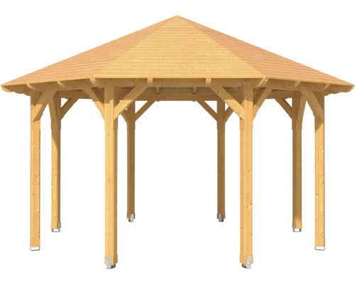 Pavillon en bois avec toit hexagonal et supports en bois