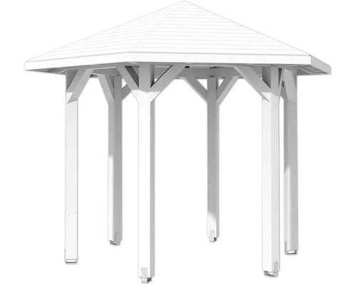 Tonnelle blanche avec structure en bois et toit hexagonal
