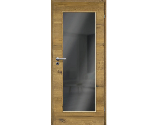 Porte d'intérieur chêne bronze placage transversal 86x198,5 tirant droit MODERN 08 verre gris foncé Porte en bois avec insert en verre et poignée de porte