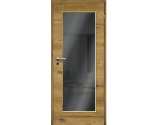 Porte d'intérieur chêne bronze placage transversal 98,5x198,5 tirant droit MODERN 08 verre gris foncé Porte d'intérieur chêne bronze placage transversal 98,5x198,5 tirant droit MODERN 08 verre gris foncé
