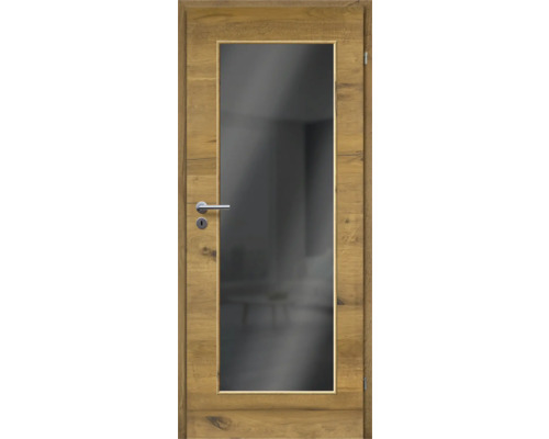 Porte d'intérieur chêne bronze placage transversal 61x198,5 tirant droit MODERN 08 verre graphite Porte intérieure avec insert en verre et poignée de porte