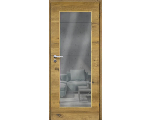 Porte d'intérieur chêne bronze placage transversal 86x198,5 tirant droit MODERN 08 verre graphite Porte intérieure avec éléments en bois et insert en verre