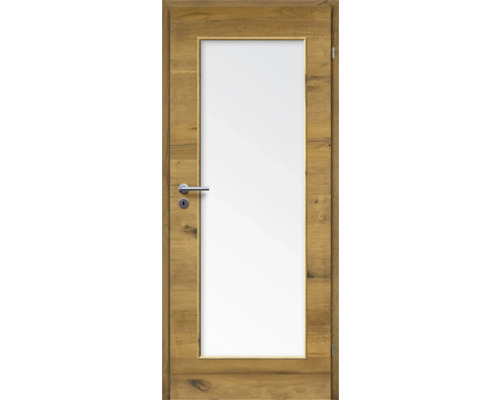 Porte d'intérieur chêne bronze placage transversal 86x198,5 tirant droit MODERN 08 verre satiné Porte en bois avec insert en verre et poignée de porte