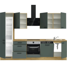 Cuisine complète avec réfrigérateur intégré, plaque de cuisson, four, hotte aspirante et évier