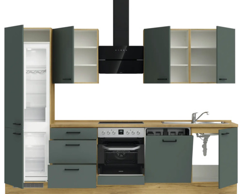 Komplette Küchenzeile mit Einbaukühlschrank, Kochfeld, Backofen, Dunstabzugshaube und Spüle