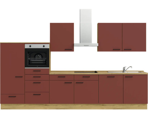 Komplette Küchenzeile mit Schränken, Schubladen, Spüle, Herd und Dunstabzugshaube