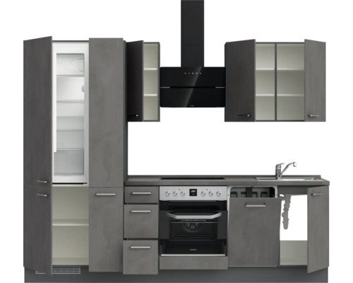 Küchenzeile mit Spüle, Kühlschrank, Herd, Backofen und Dunstabzugshaube